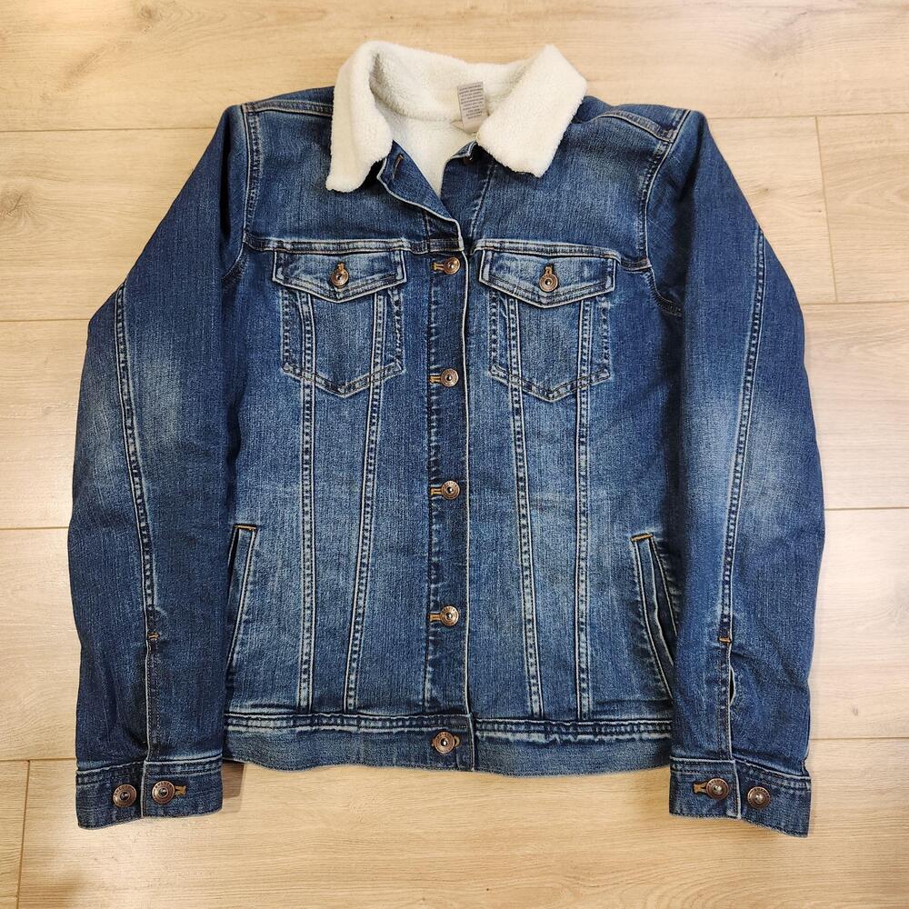 Duluth Trading Co Jacket Womens Medium Blue Sherpa Lined Denim Trucker Workwear